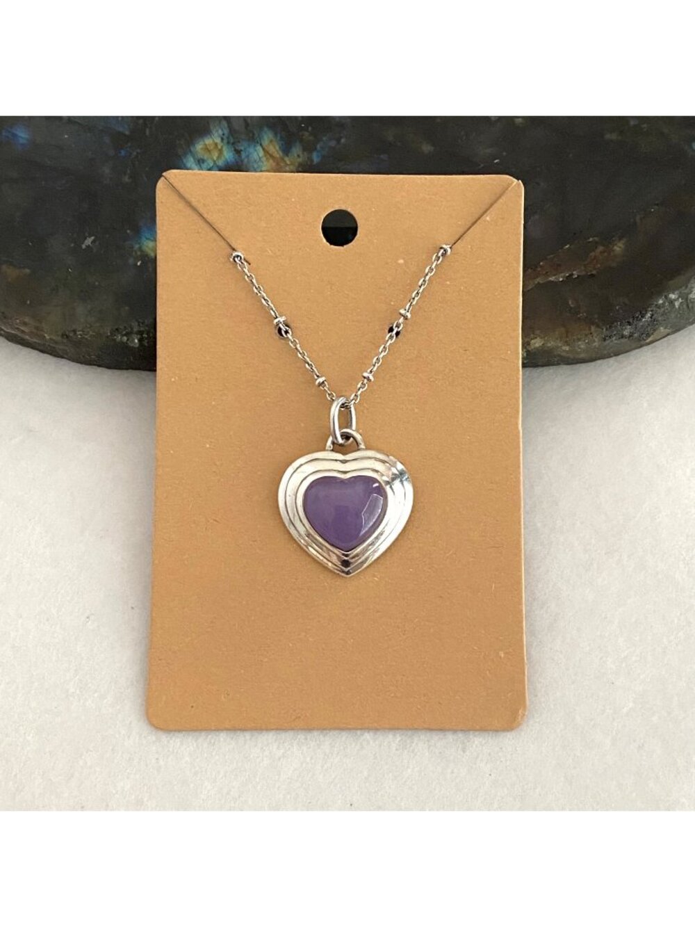 Solid Sterling Silver 925 Purple Jadeite Heart Pendant Necklace 18" Cable Chain